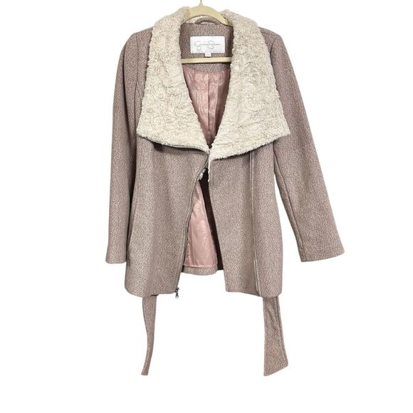 Jessica Simpson Womens Sz S Blush Pink Faux Fur Collar Coat Wool Blend Belted - Picture 1 of 8